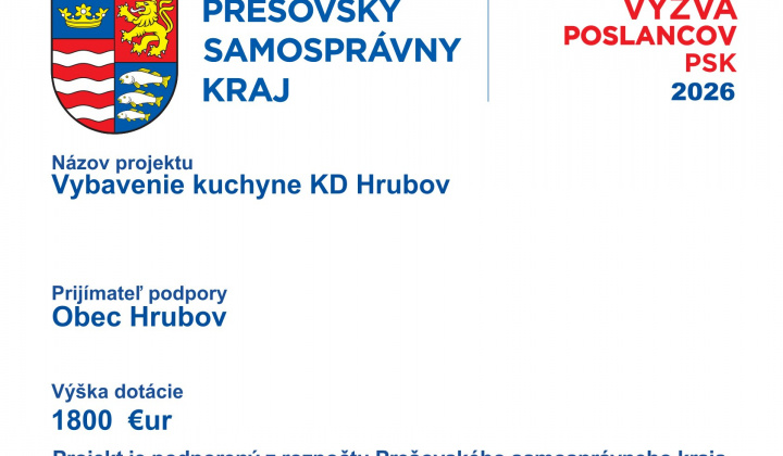 Fotka - Dotácia na základe výzvy poslancov PSK 2026